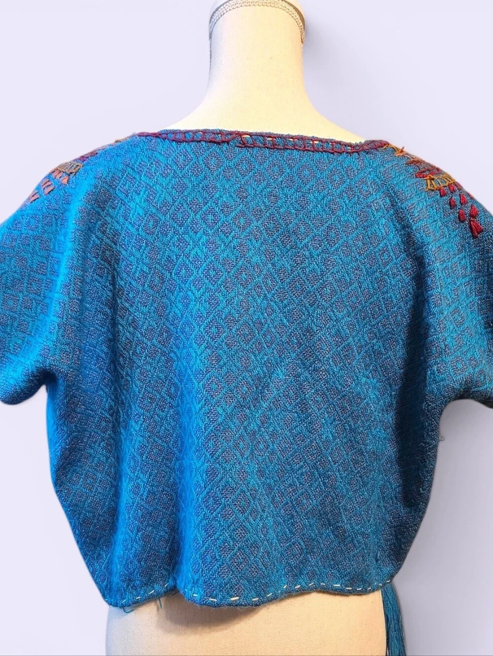 Mexican Embroidered Huipil Rebozo Cropped Top Blouse Shirt Fringed - Picture 6 of 6